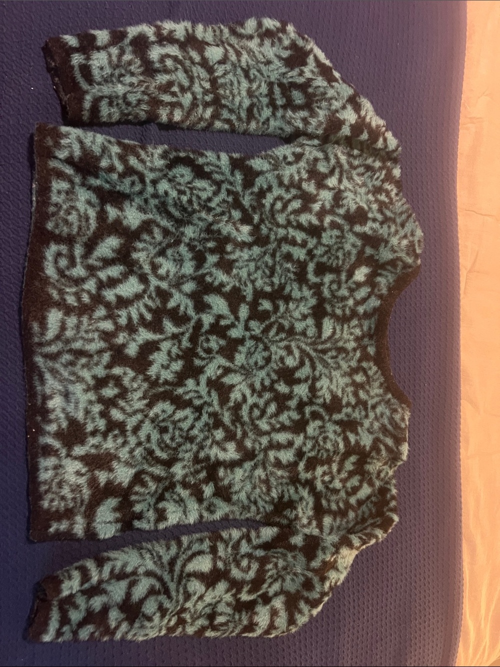 Tahari Teal and Black Floral Fuzzy Crewneck Sweater